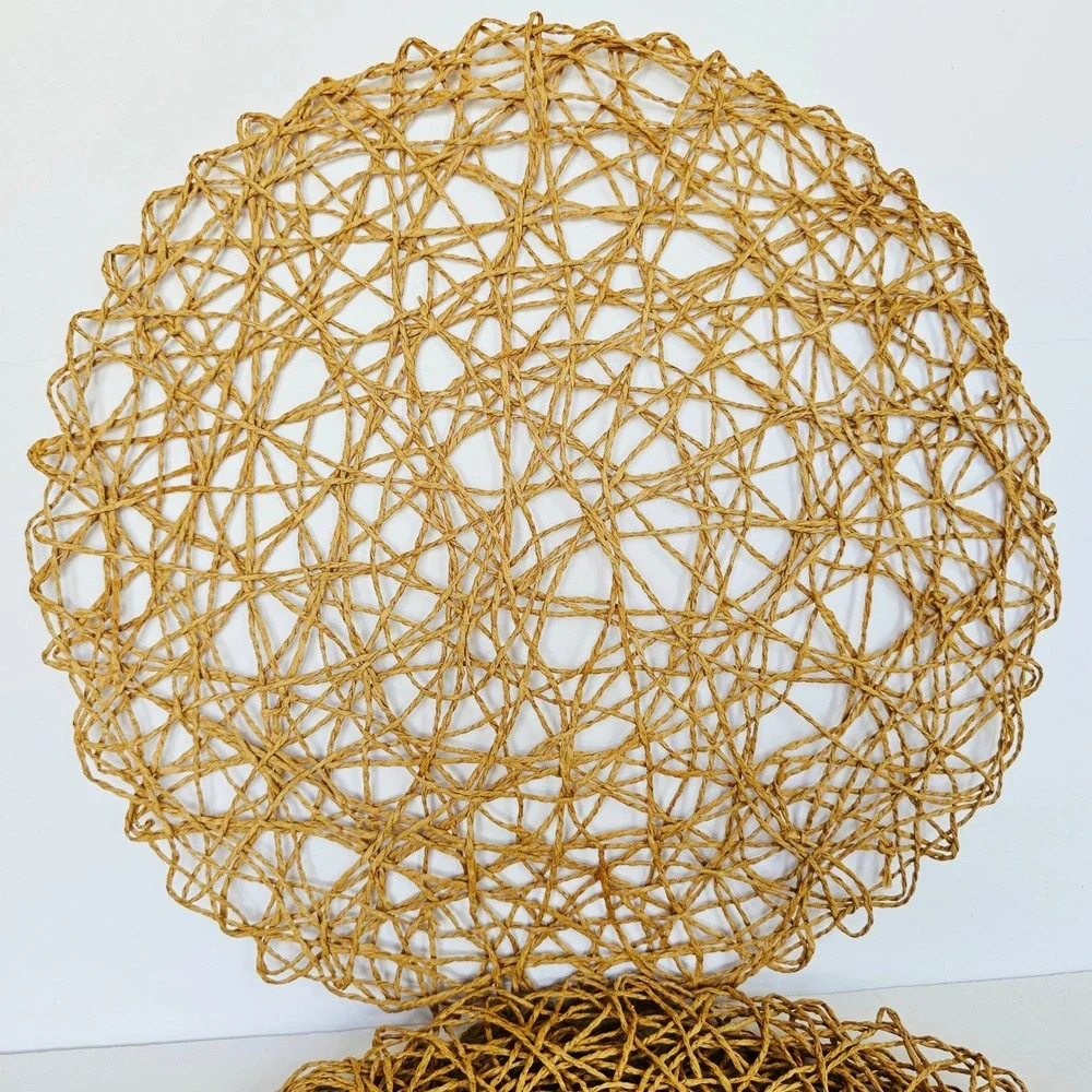 Vintage Round Woven Paper Straw Placemats Set of 4 Natural Tan Boho Table Decor